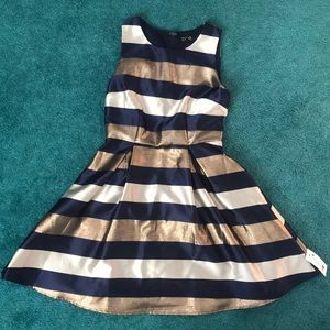 Navy blue and gold striped holiday dress